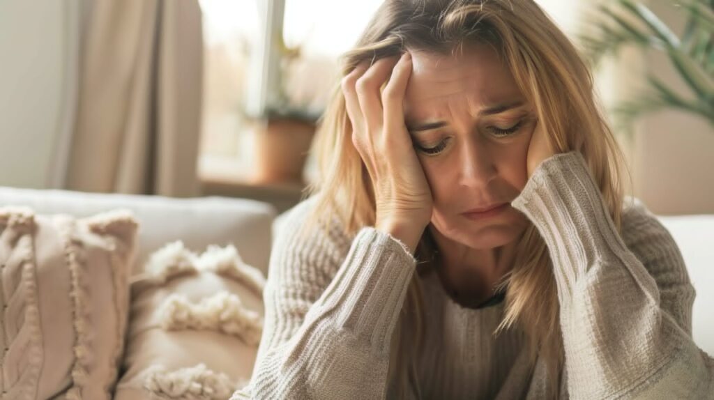 A middle-aged woman sitting on a couch resting her head in her hands with a distressed expression, reflecting the emotional impact of depression in midlife.